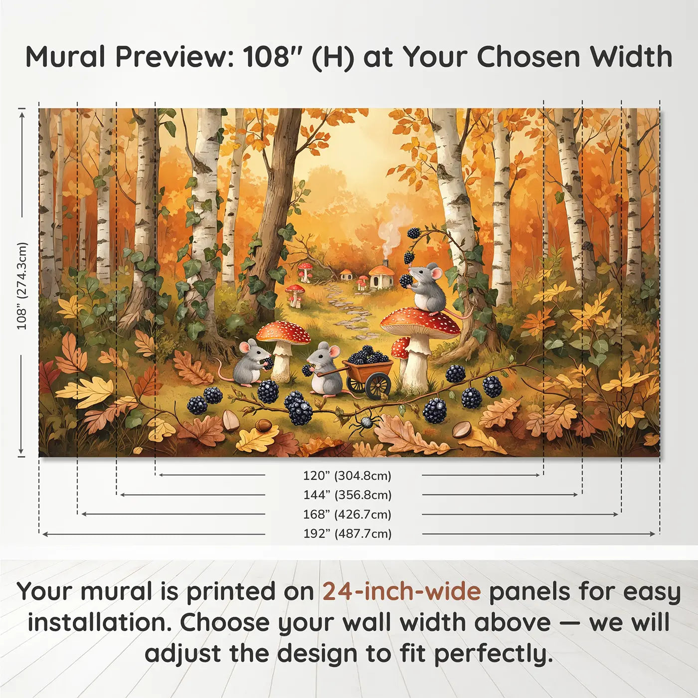 Panel layout and dimensions for Autumn Berry Harvest Mice Wallpaper Mural by Whimsy Tots