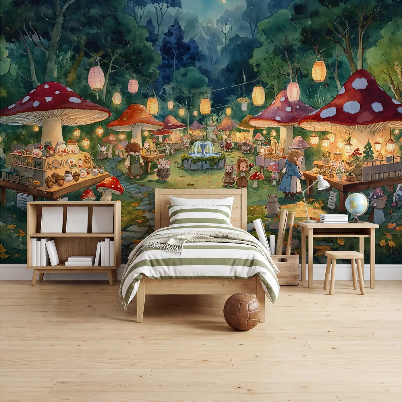 Watercolor fairy mushroom market twilight wallpaper mural for boys room by Whimsy Tots