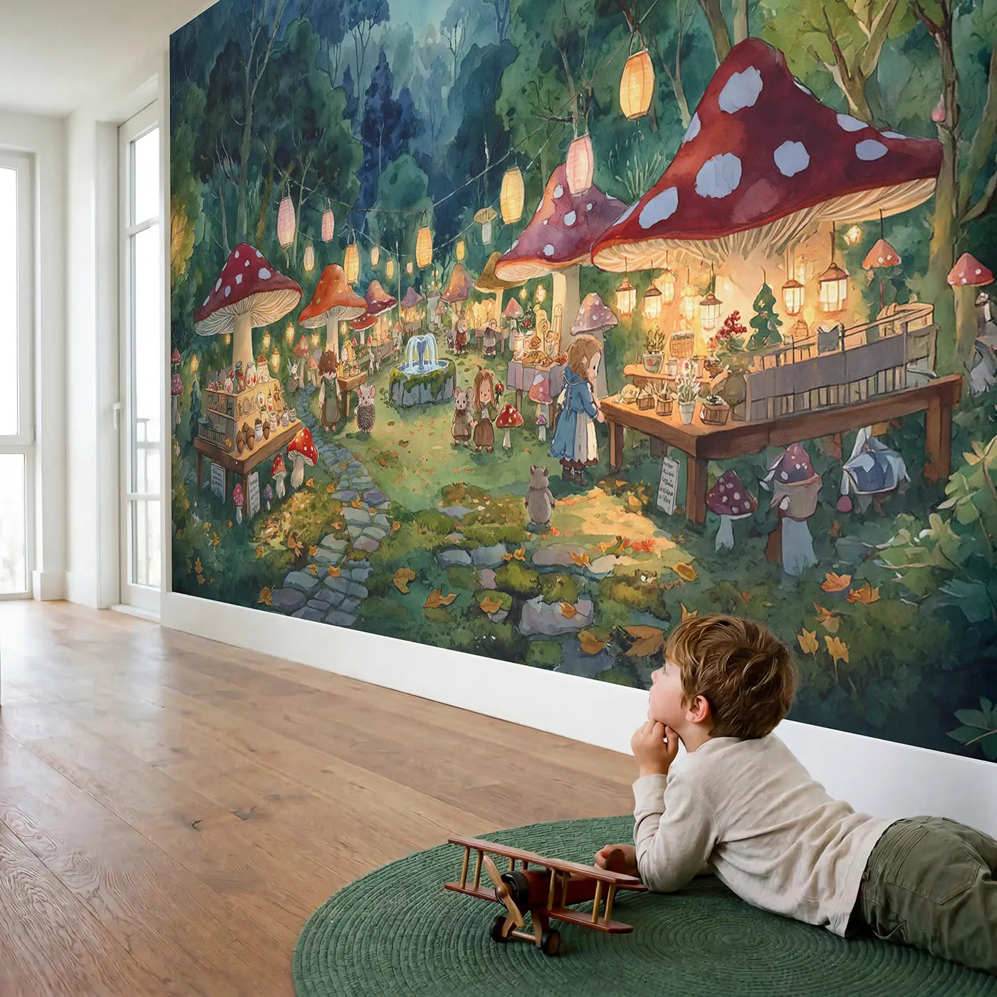 Child in nursery with Fairy Mushroom Market Twilight Wallpaper Mural by Whimsy Tots