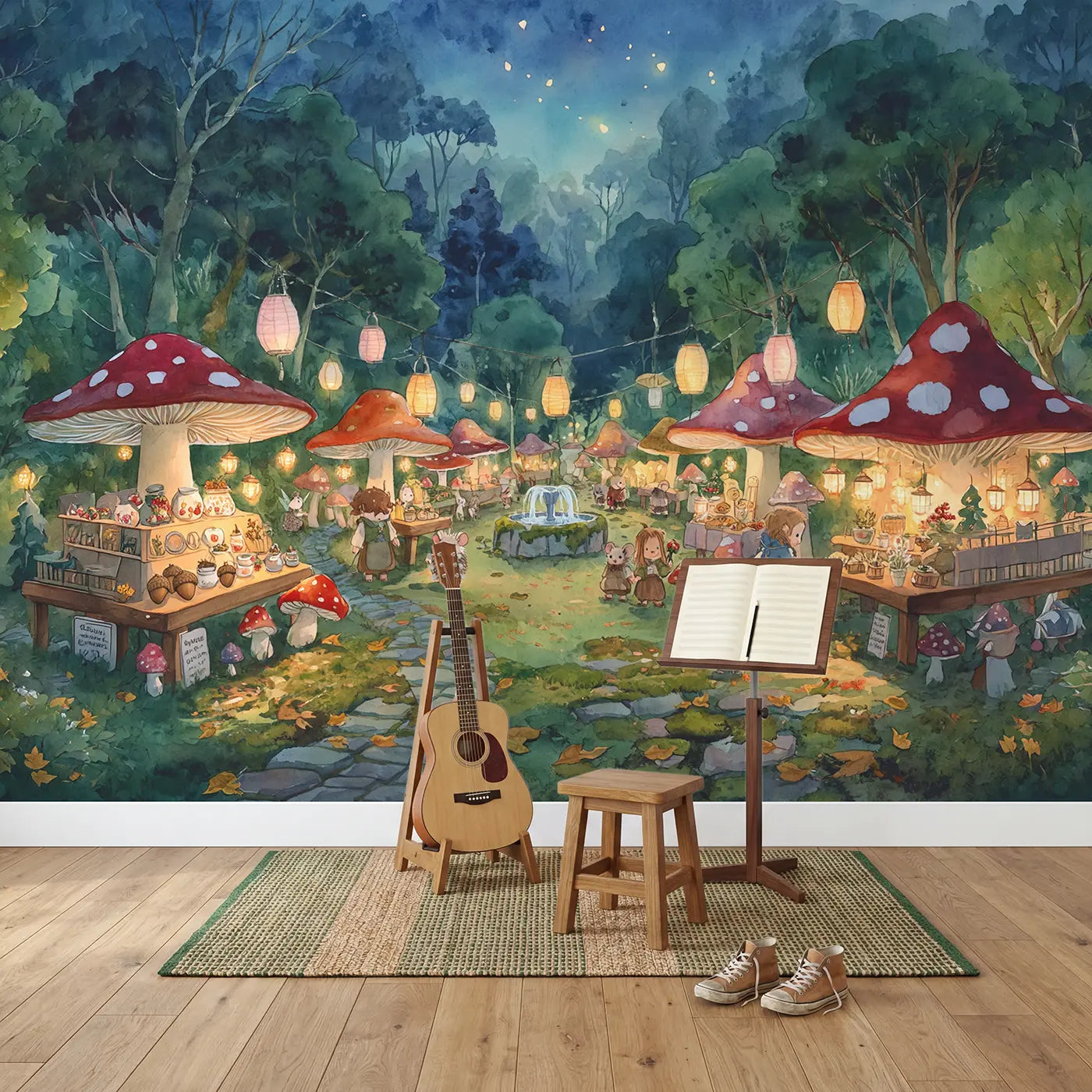 Fairy Mushroom Market Twilight Wallpaper Mural in playroom setting by Whimsy Tots