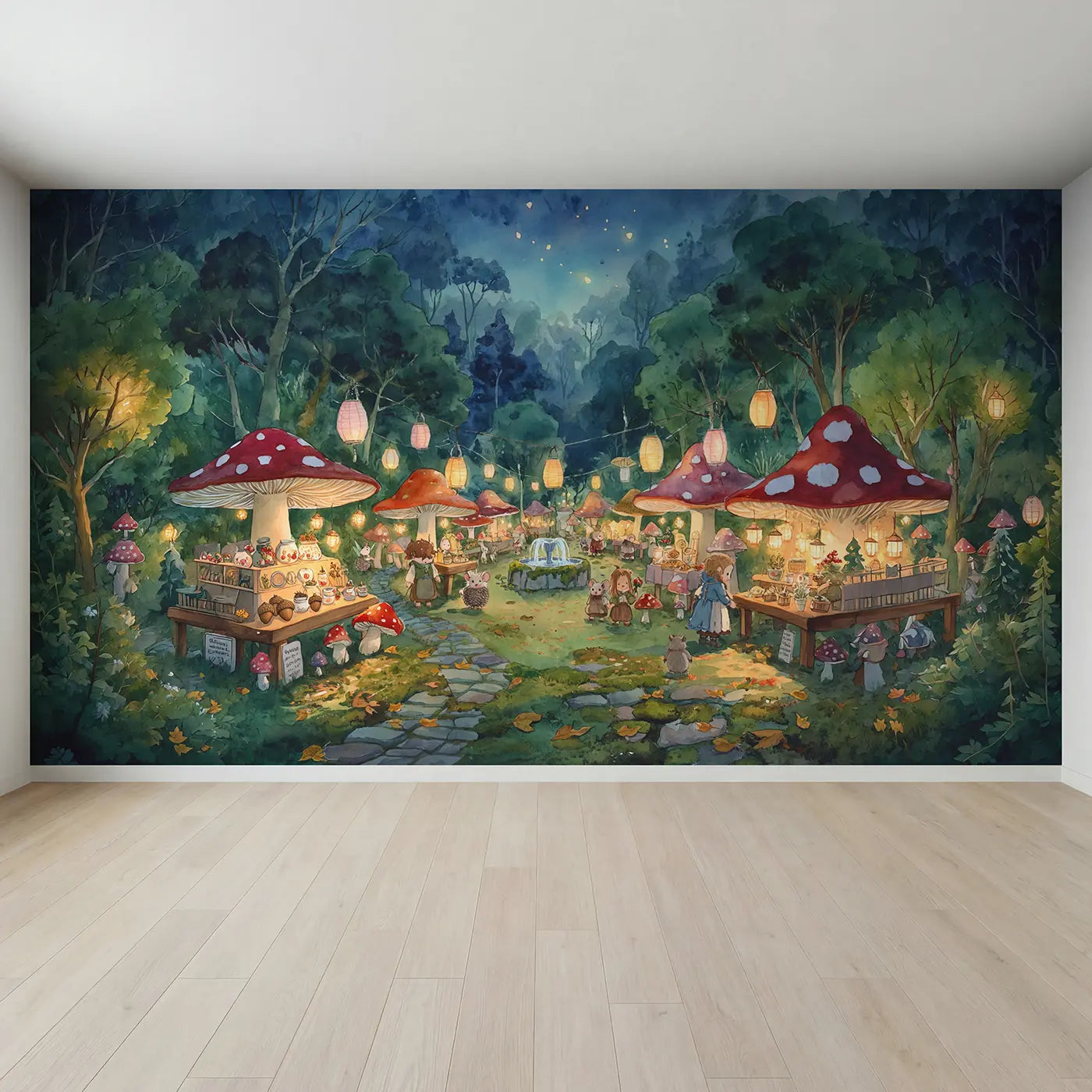 Full view of Fairy Mushroom Market Twilight Wallpaper Mural by Whimsy Tots