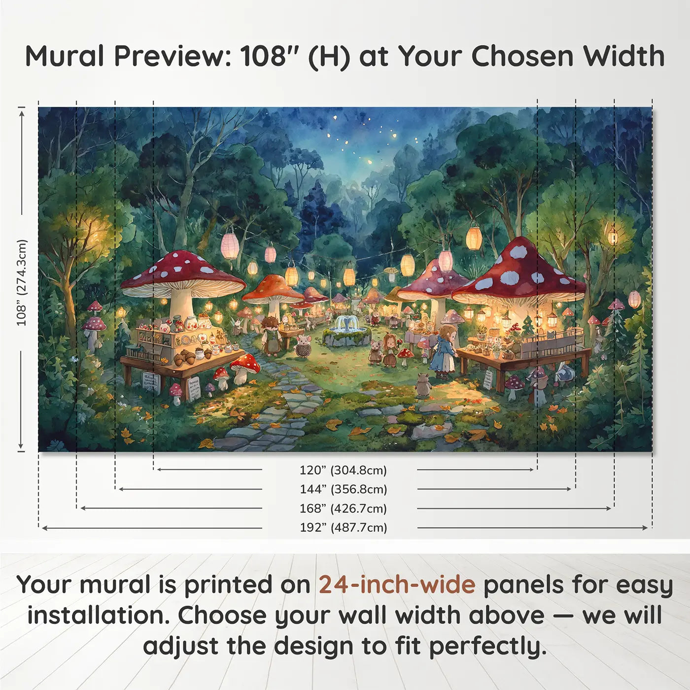 Panel layout and dimensions for Fairy Mushroom Market Twilight Wallpaper Mural by Whimsy Tots