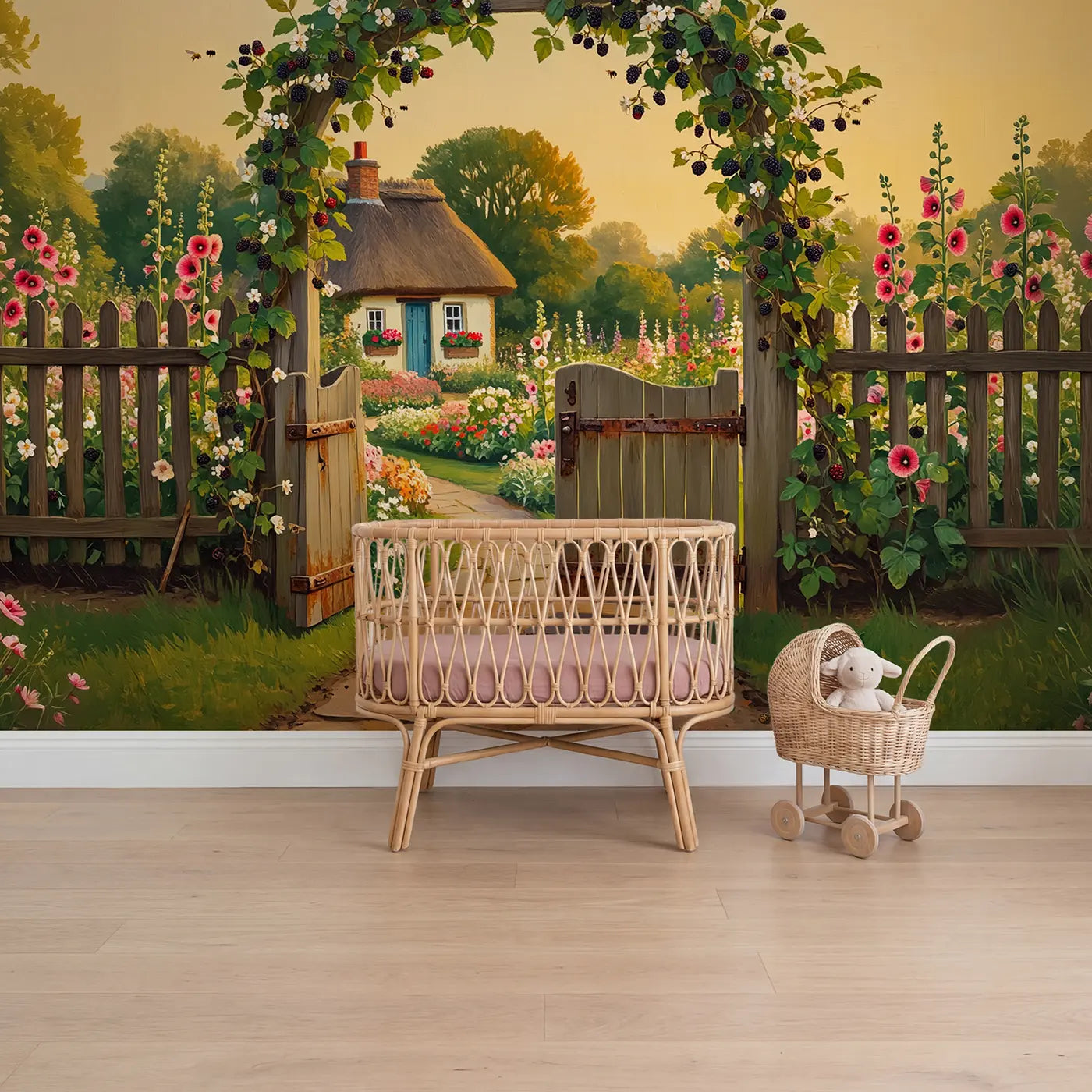 Painted landscape berry gate cottage garden wallpaper mural for girls room by Whimsy Tots