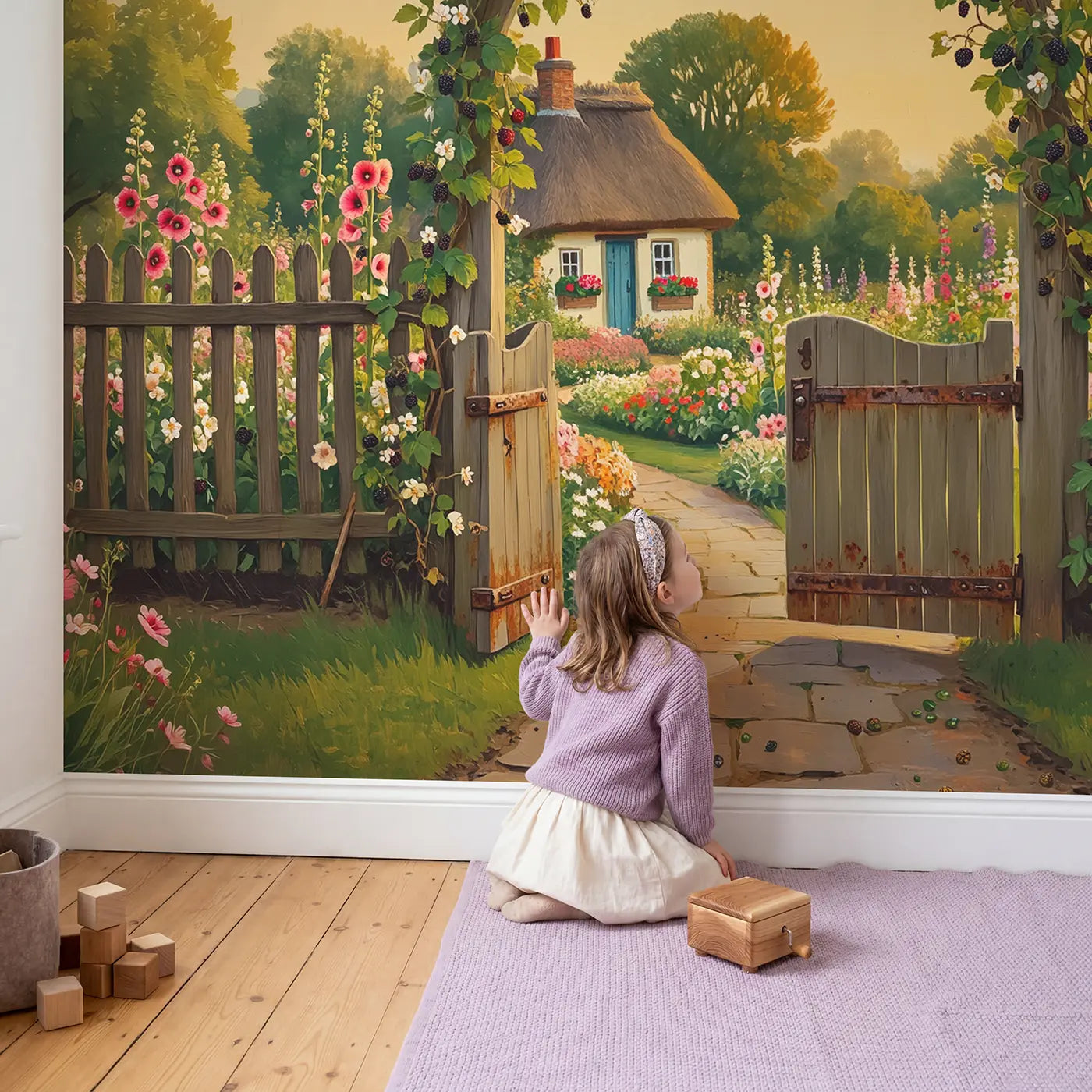 Child in nursery with Berry Gate Cottage Garden Wallpaper Mural by Whimsy Tots