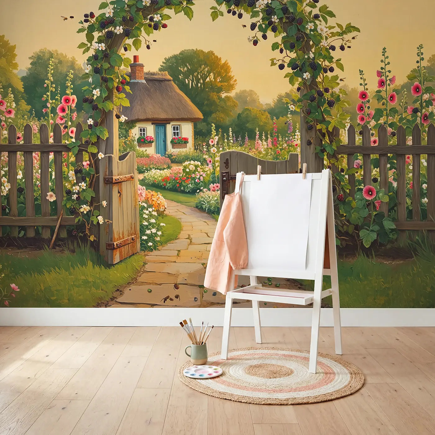 Berry Gate Cottage Garden Wallpaper Mural in playroom setting by Whimsy Tots