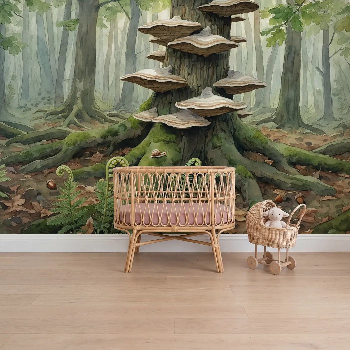 Watercolor enchanted tree staircase forest wallpaper mural for girls room by Whimsy Tots