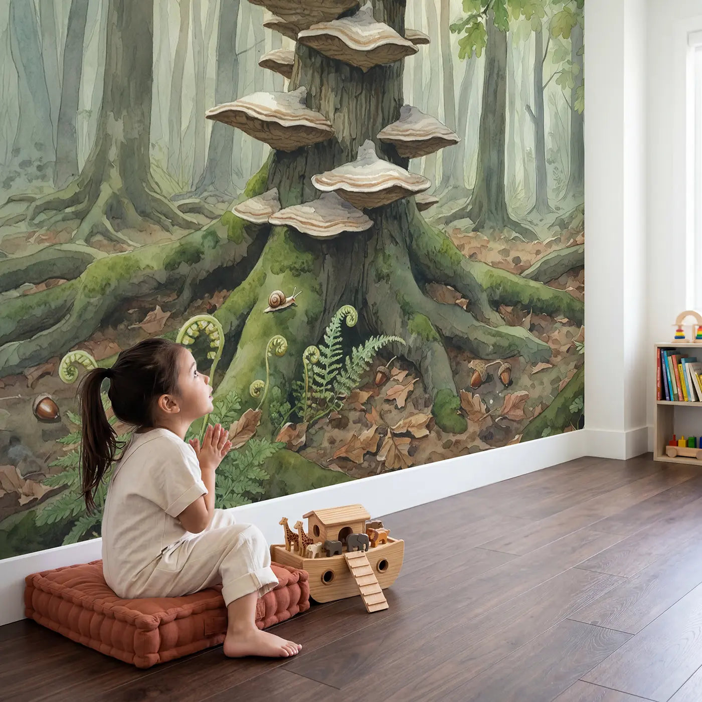 Child in nursery with Enchanted Tree Staircase Wallpaper Mural by Whimsy Tots