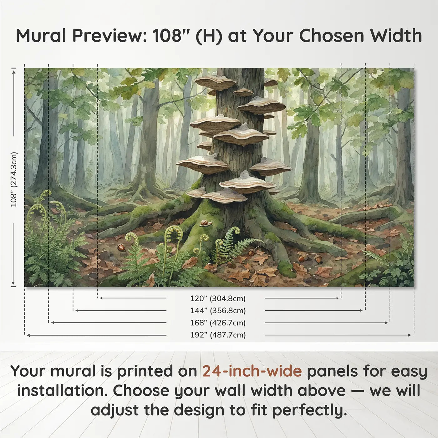 Panel layout and dimensions for Enchanted Tree Staircase Wallpaper Mural by Whimsy Tots