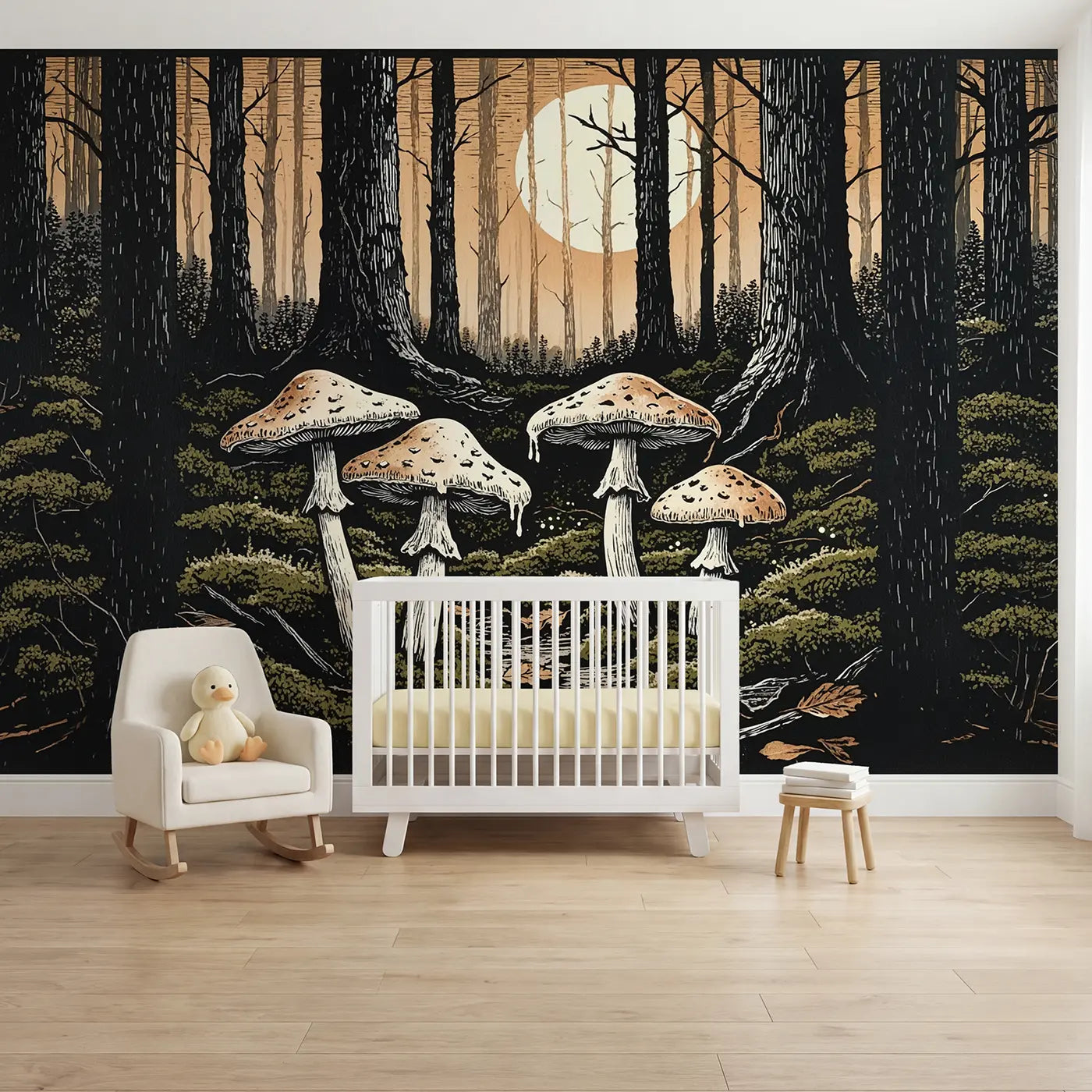 Block print moonlit ink cap mushroom forest wallpaper mural for kids room by Whimsy Tots