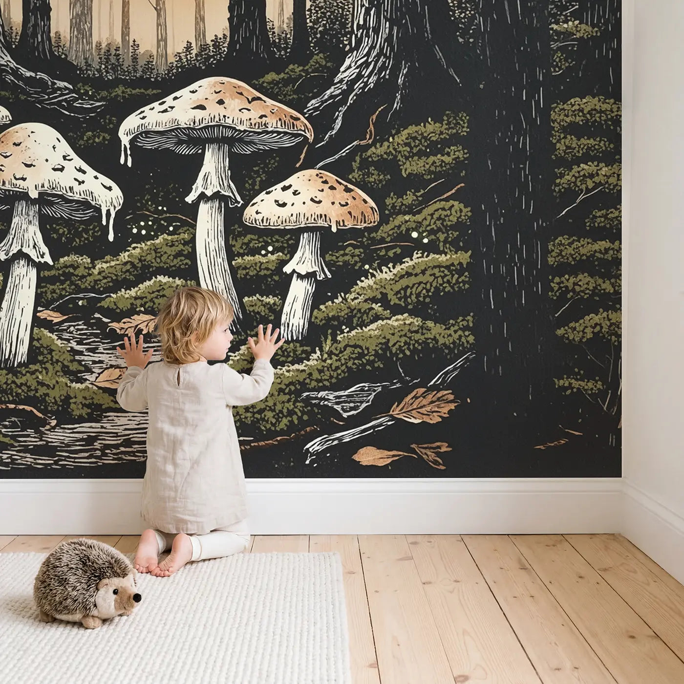 Child in nursery with Moonlit Ink Cap Cluster Wallpaper Mural by Whimsy Tots