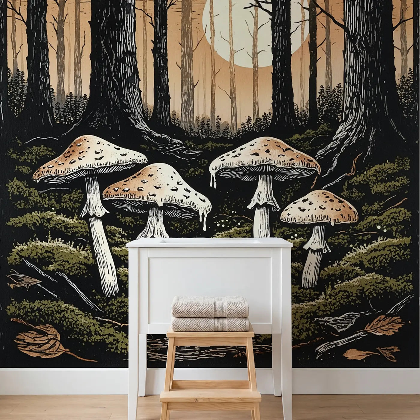 Moonlit Ink Cap Cluster Wallpaper Mural in playroom setting by Whimsy Tots