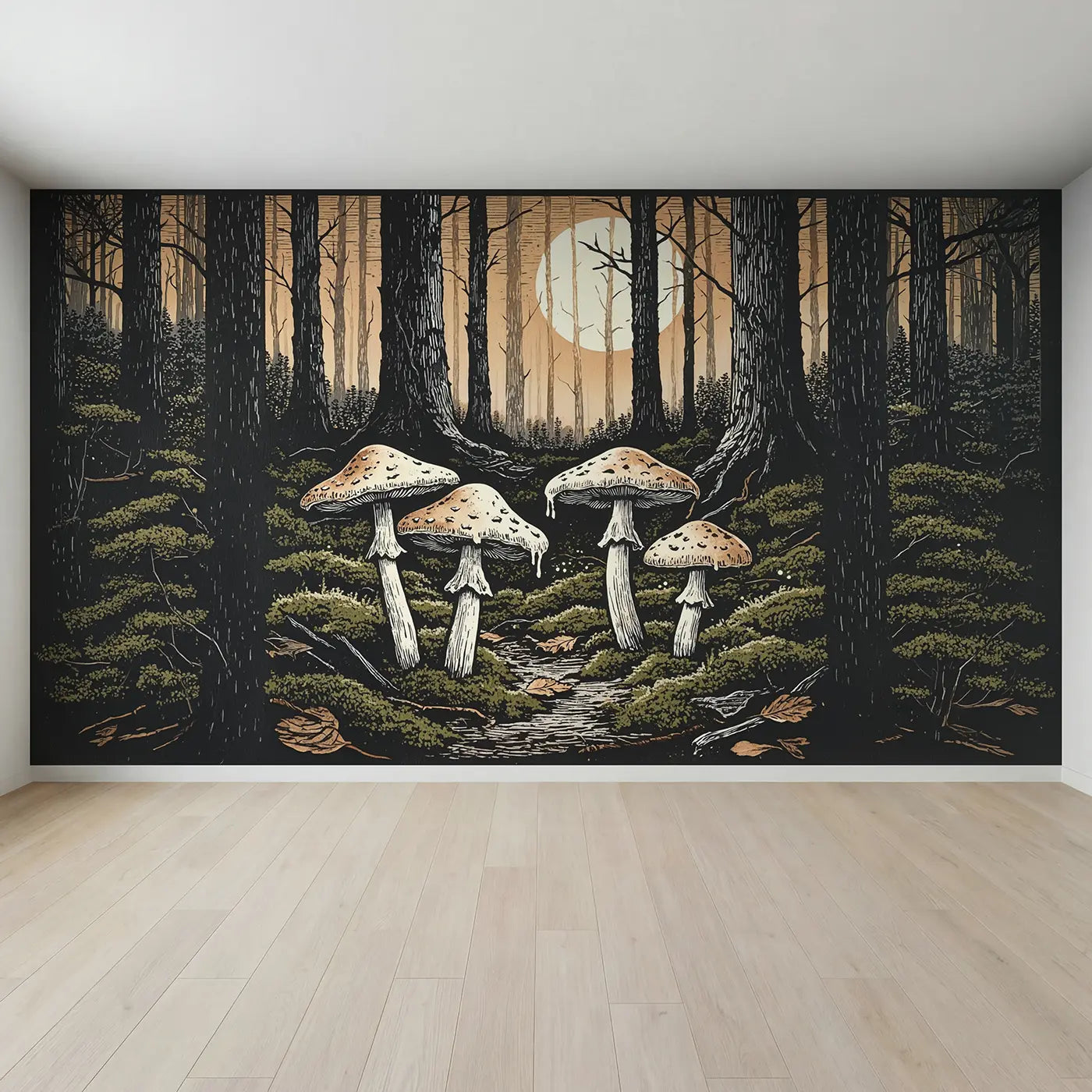 Full view of Moonlit Ink Cap Cluster Wallpaper Mural by Whimsy Tots