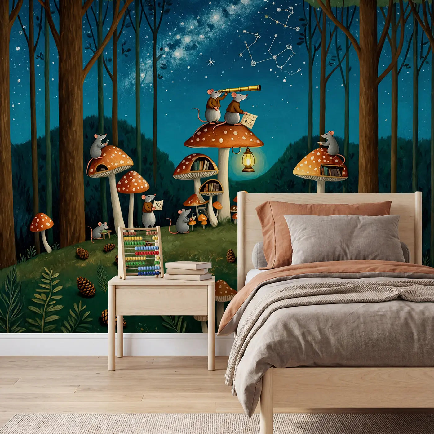 Modern illustration mouse astronomer on mushroom wallpaper mural for kids room by Whimsy Tots