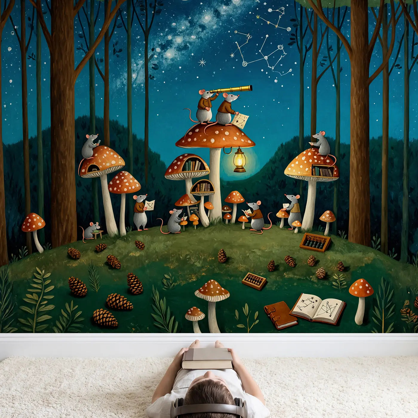 Child in nursery with Mouse Astronomer Mushroom Wallpaper Mural by Whimsy Tots