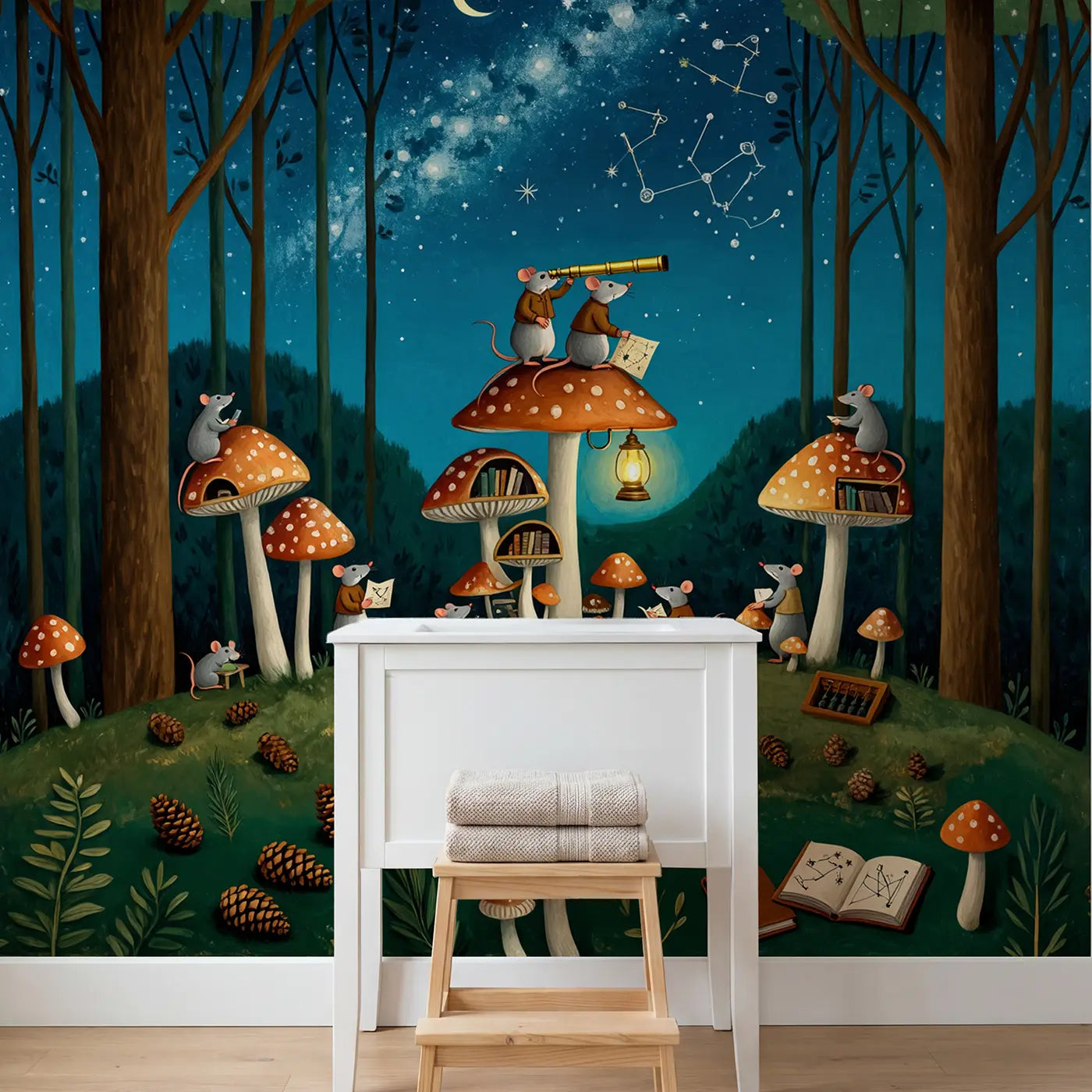 Mouse Astronomer Mushroom Wallpaper Mural in playroom setting by Whimsy Tots