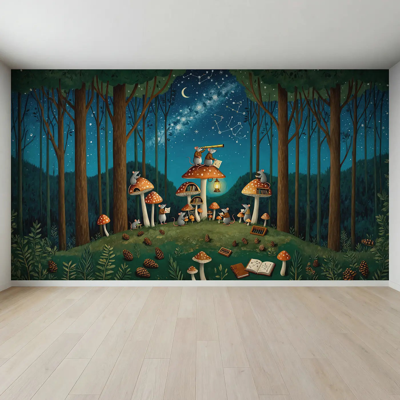 Full view of Mouse Astronomer Mushroom Wallpaper Mural by Whimsy Tots