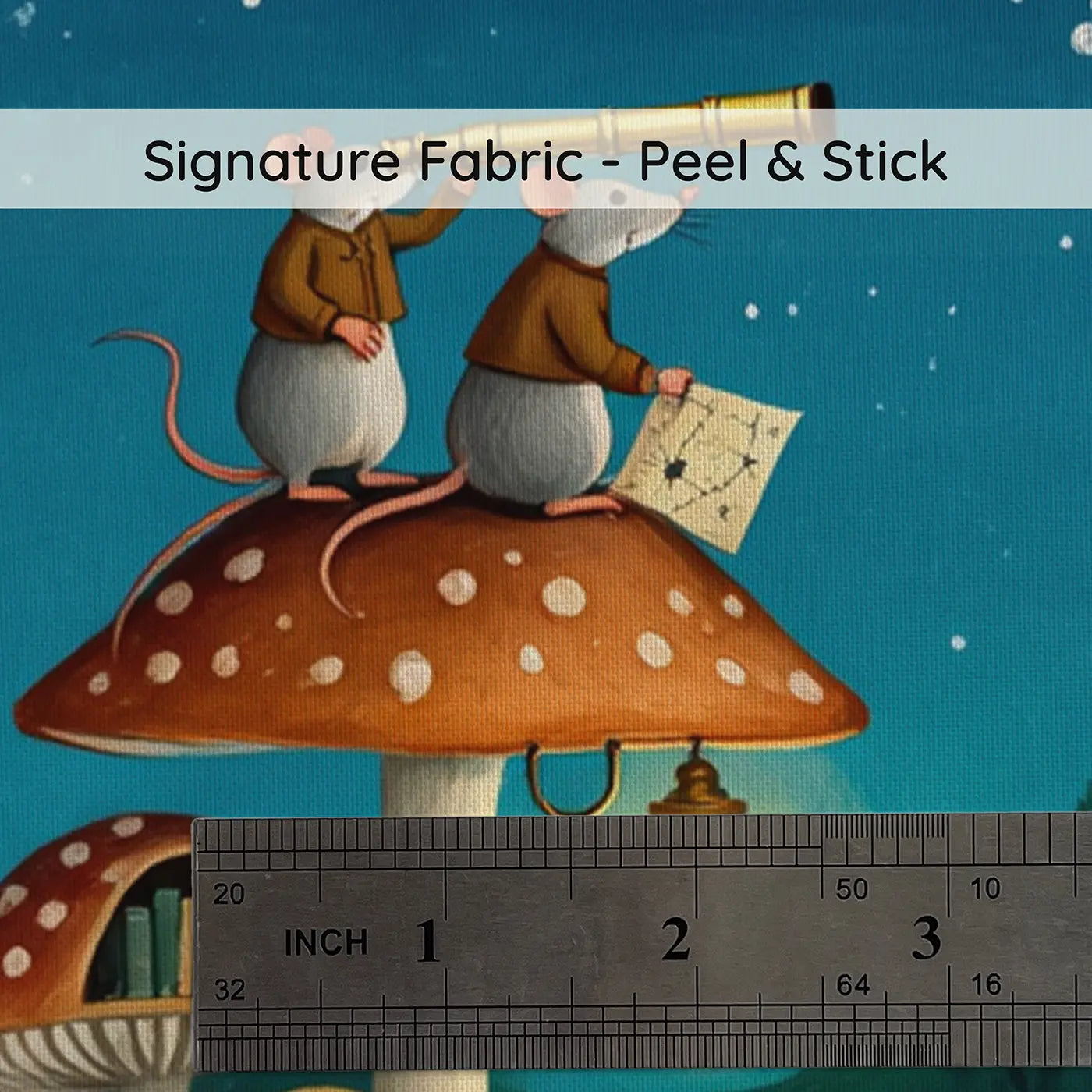 Fabric texture close-up of Mouse Astronomer Mushroom Wallpaper Mural by Whimsy Tots