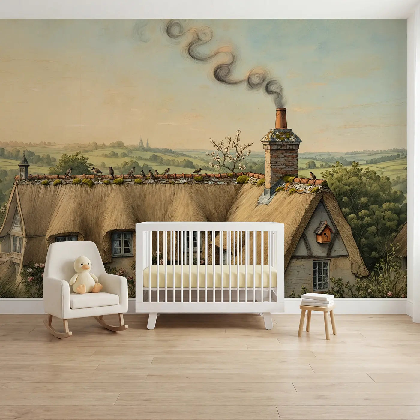 Storybook cottage chimney berry garden wallpaper mural for nursery by Whimsy Tots