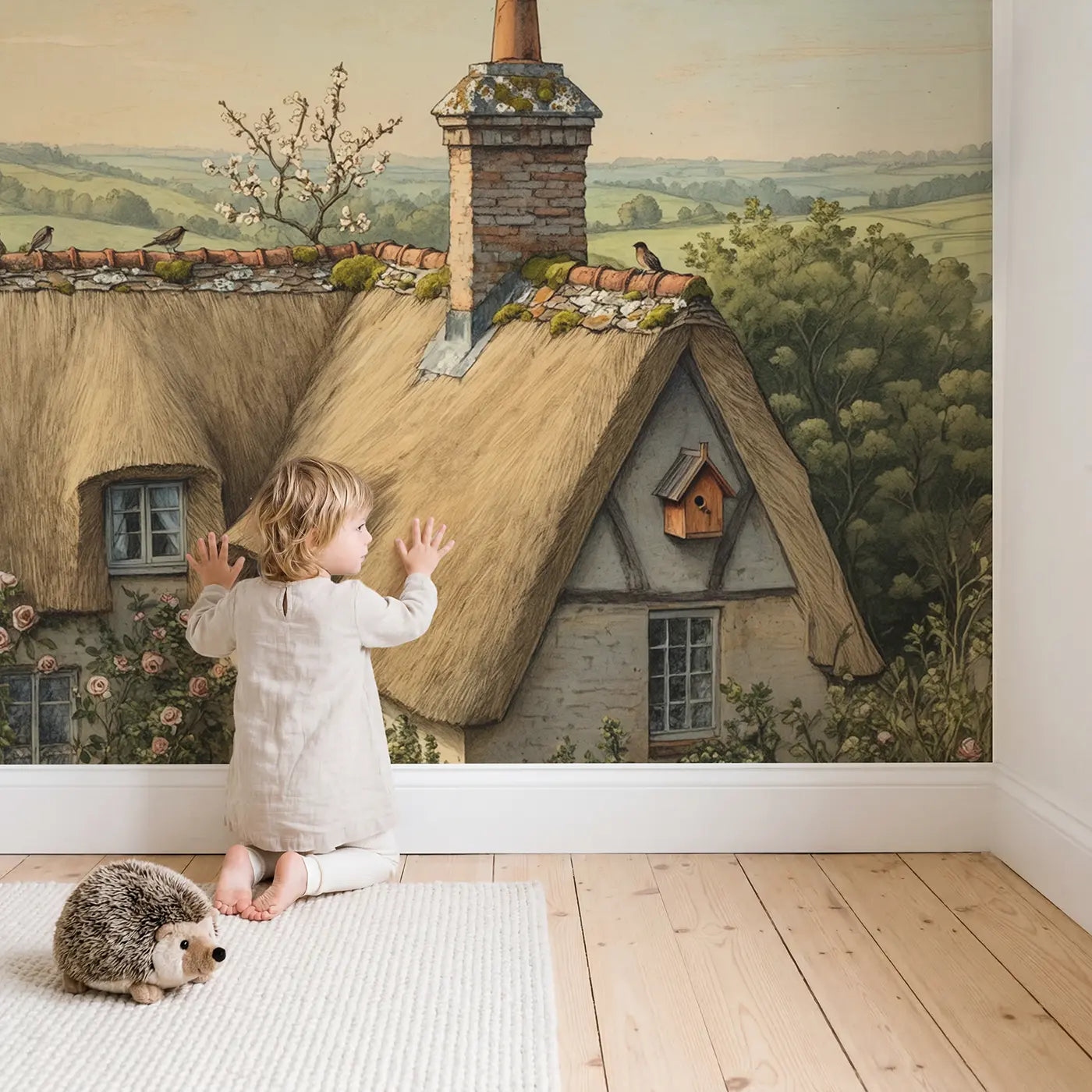 Child in nursery with Cozy Cottage Chimney Wallpaper Mural by Whimsy Tots