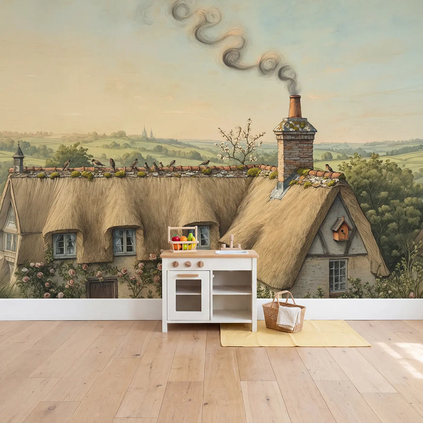 Cozy Cottage Chimney Wallpaper Mural in playroom setting by Whimsy Tots