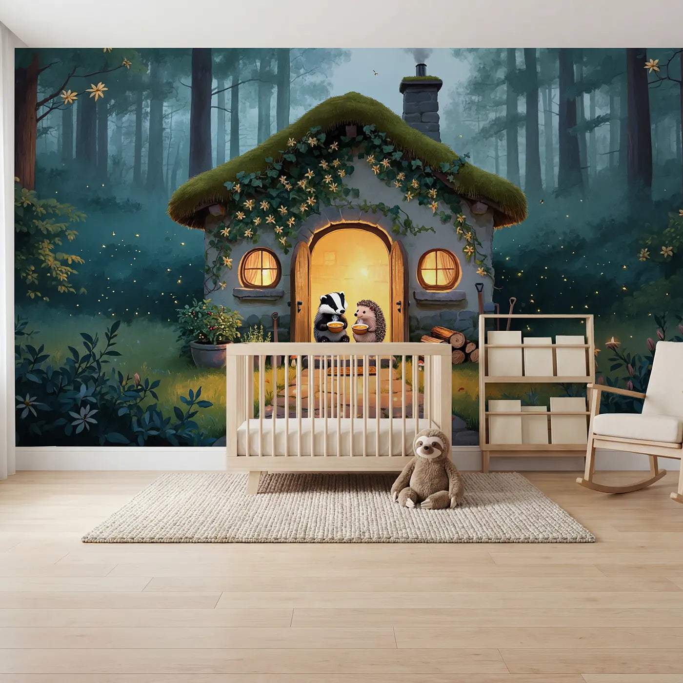 Soft pastel cottage hedgehog woodland wallpaper mural for nursery by Whimsy Tots