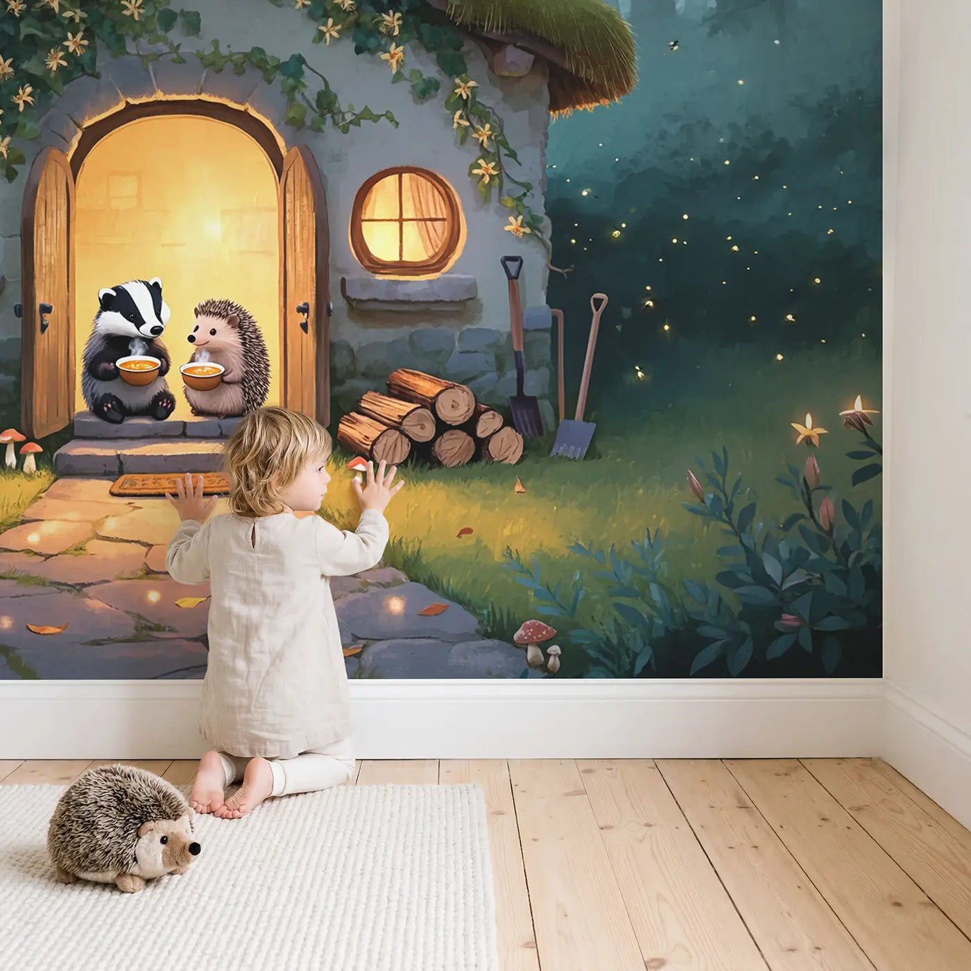 Child in nursery with Cottage Door Soup Friends Wallpaper Mural by Whimsy Tots