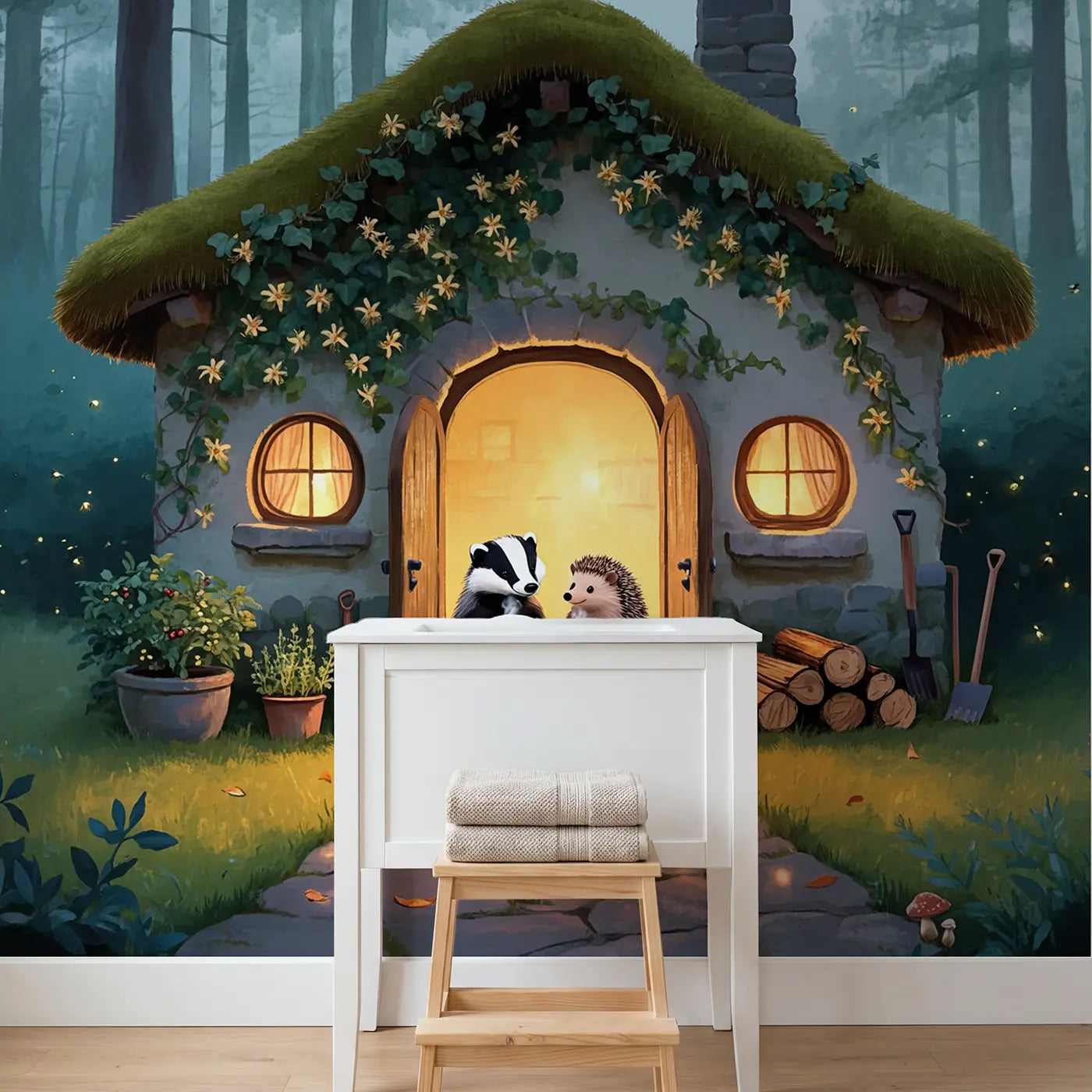 Cottage Door Soup Friends Wallpaper Mural in playroom setting by Whimsy Tots