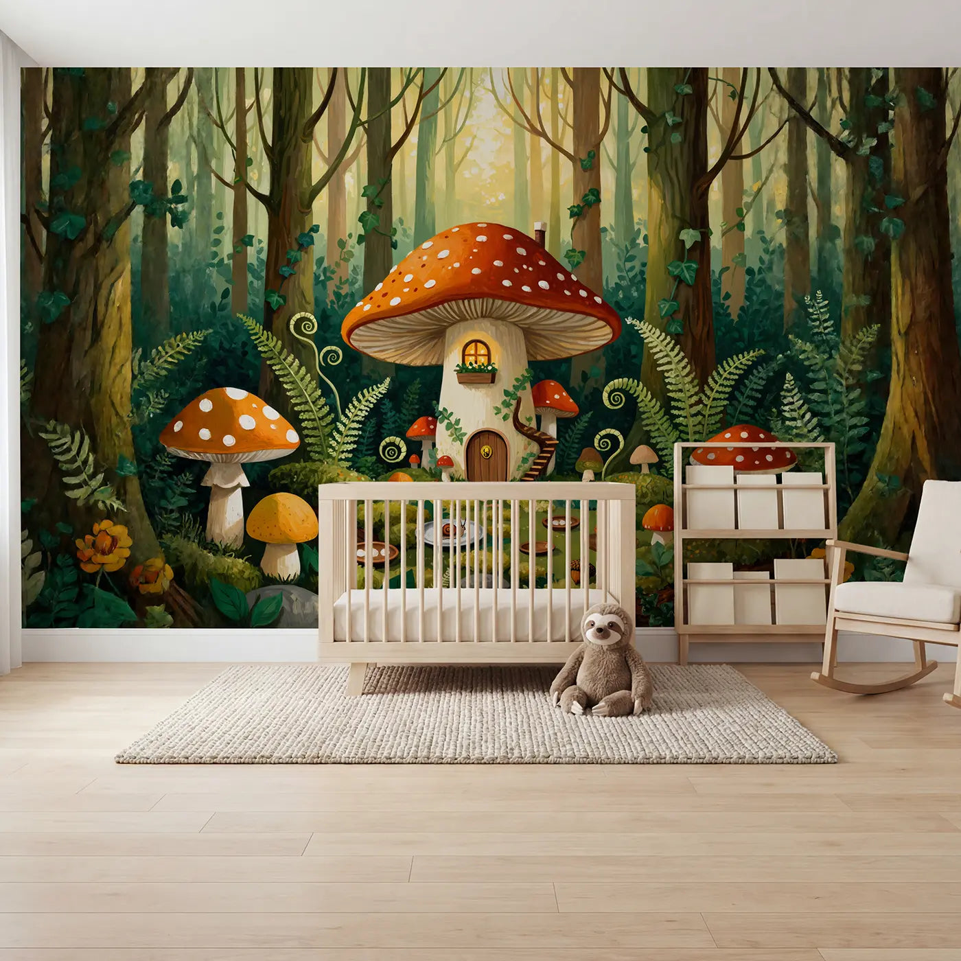 modern illustration toadstool house forest mushroom wallpaper mural for kids room by Whimsy Tots