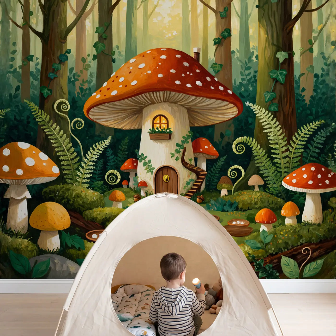 Child in nursery with Giant Red Toadstool House Wallpaper Mural by Whimsy Tots