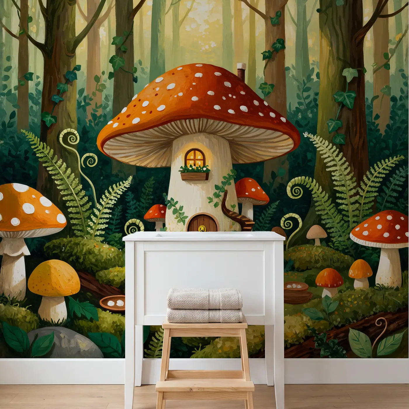 Giant Red Toadstool House Wallpaper Mural in playroom setting by Whimsy Tots