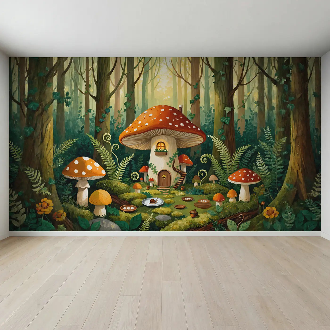 Full view of Giant Red Toadstool House Wallpaper Mural by Whimsy Tots