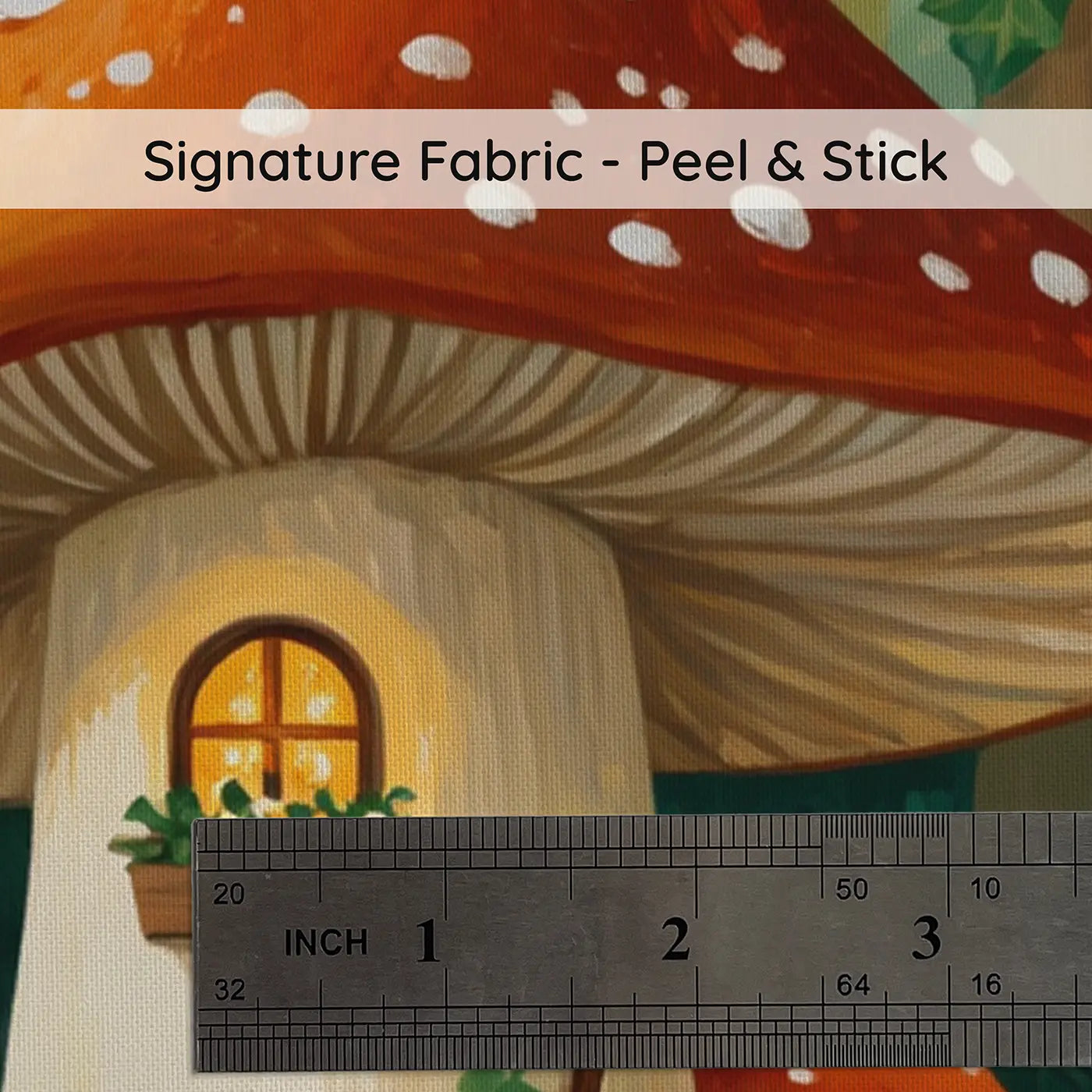 Fabric texture close-up of Giant Red Toadstool House Wallpaper Mural by Whimsy Tots
