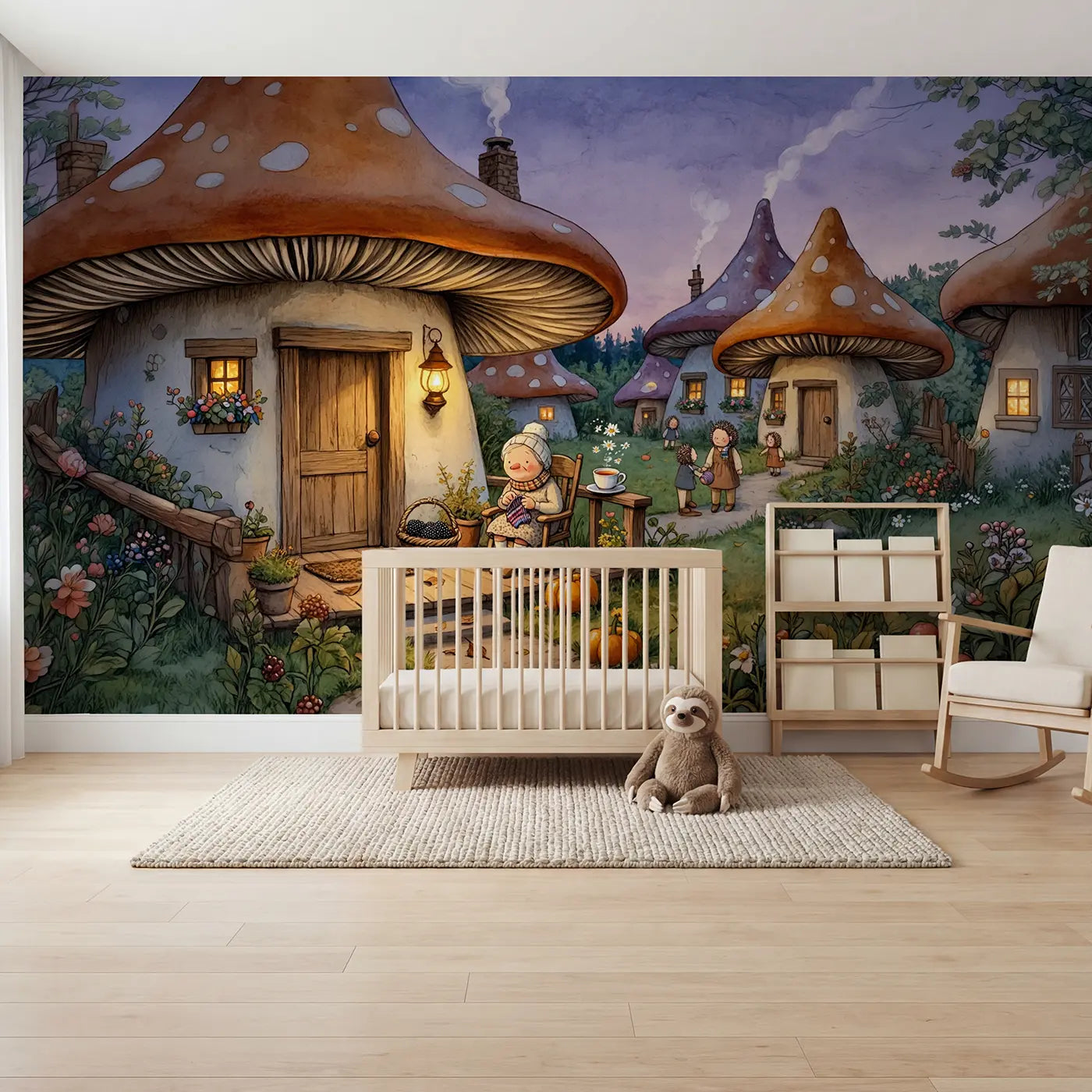 Storybook hedgehog grandma on porch mushroom cottage wallpaper mural for nursery by Whimsy Tots