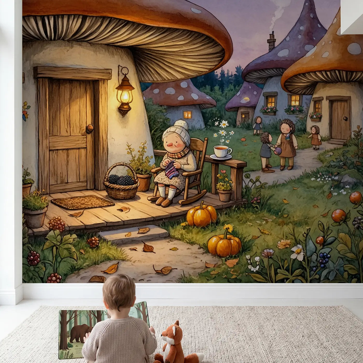 Child in nursery with Hedgehog Grandma Porch Wallpaper Mural by Whimsy Tots