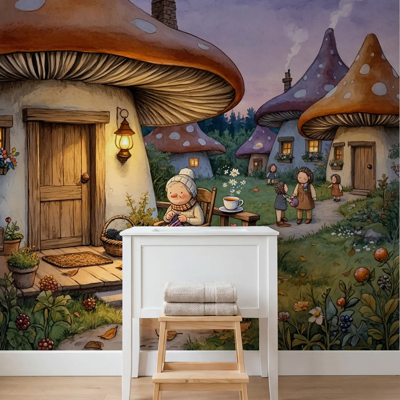 Hedgehog Grandma Porch Wallpaper Mural in playroom setting by Whimsy Tots