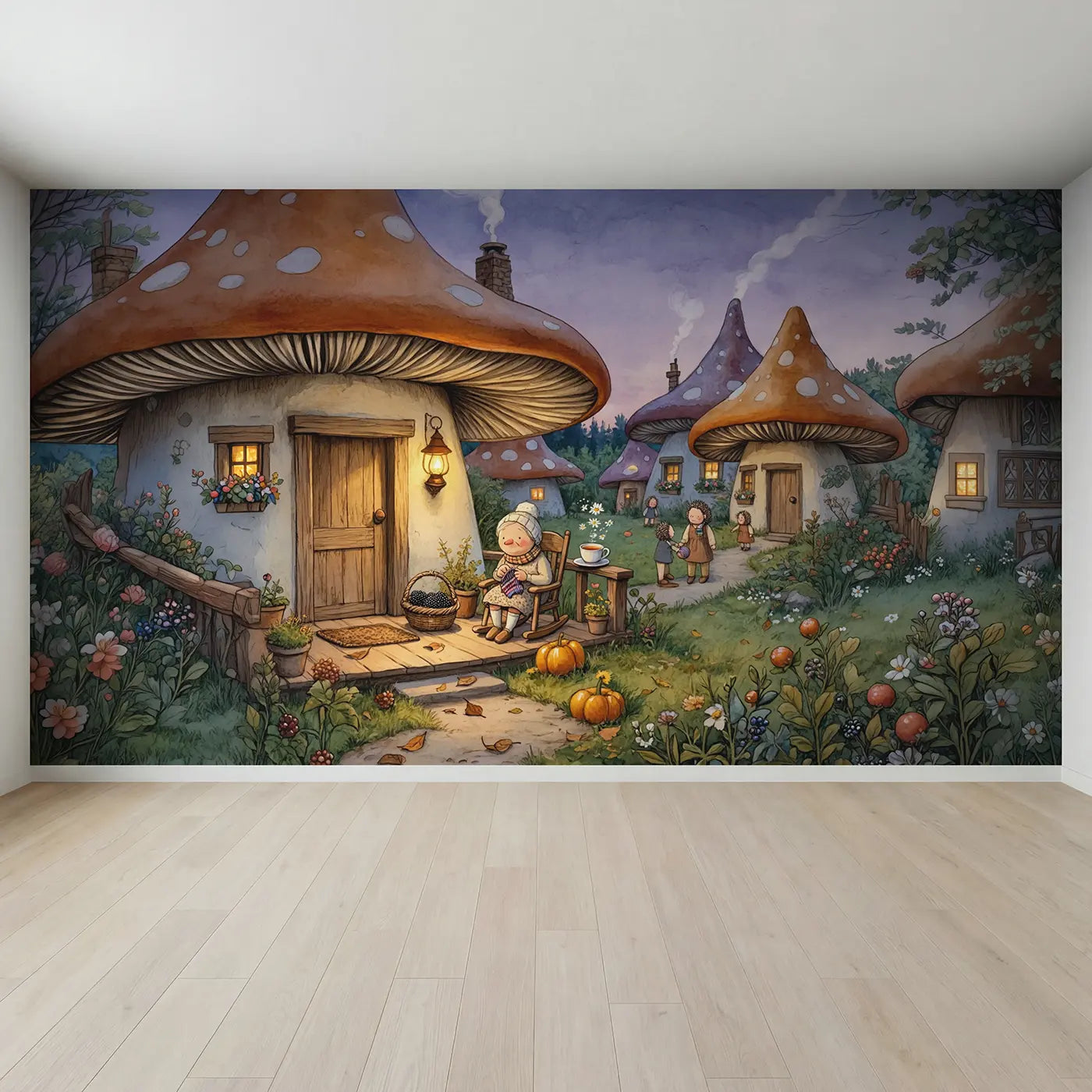 Full view of Hedgehog Grandma Porch Wallpaper Mural by Whimsy Tots