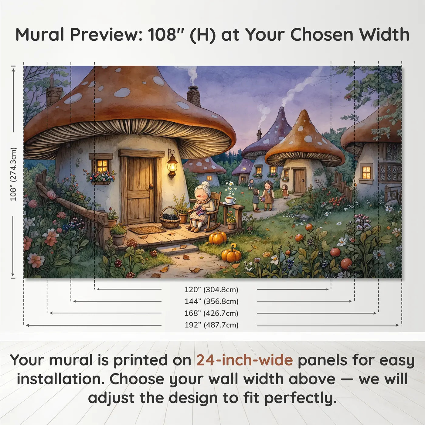 Panel layout and dimensions for Hedgehog Grandma Porch Wallpaper Mural by Whimsy Tots