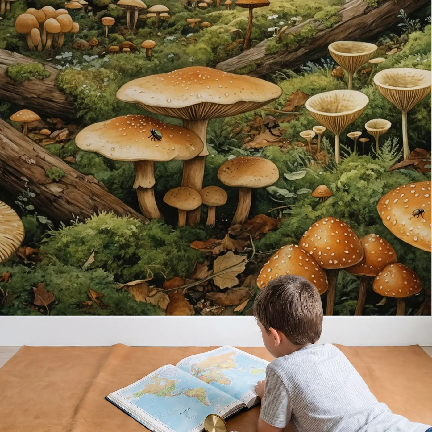 Child in nursery with Enchanted Mushroom Forest Floor Wallpaper Mural by Whimsy Tots