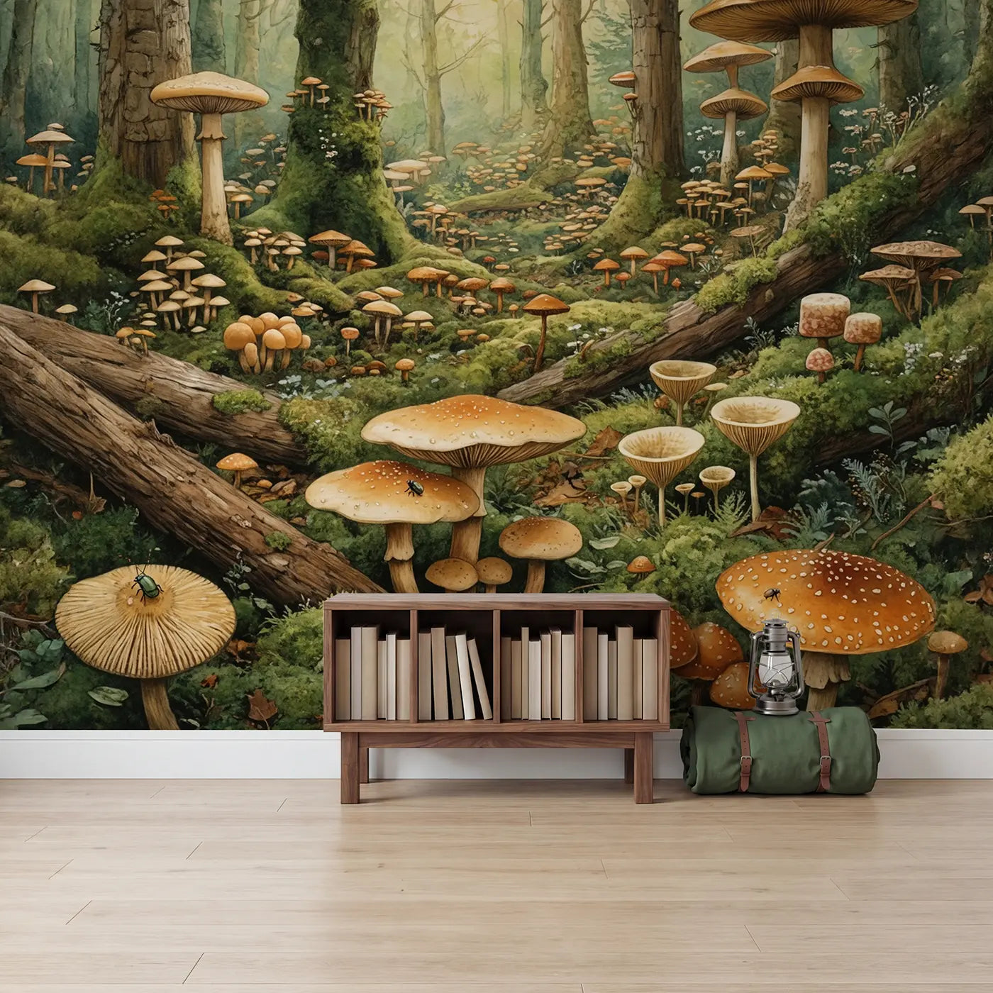 Enchanted Mushroom Forest Floor Wallpaper Mural in playroom setting by Whimsy Tots