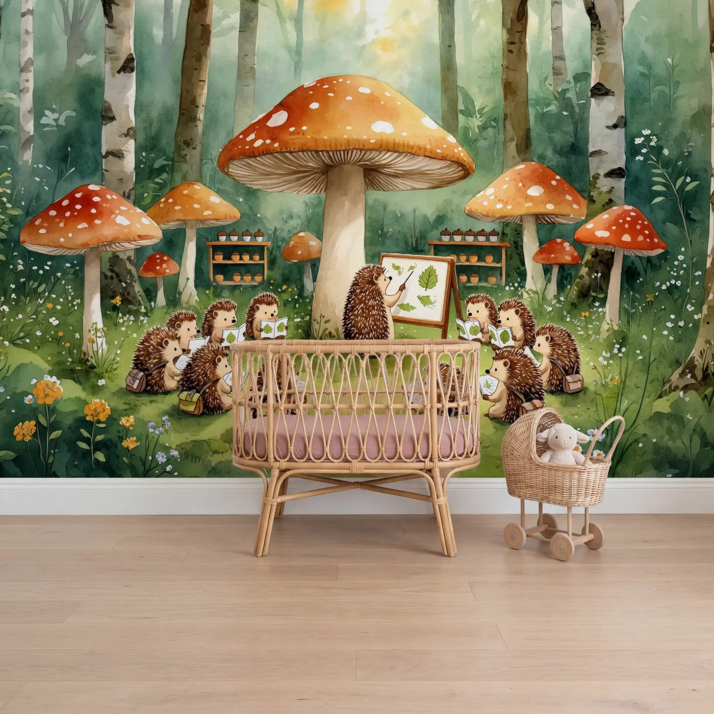 Watercolor hedgehog mushroom classroom wallpaper mural for girls nursery by Whimsy Tots
