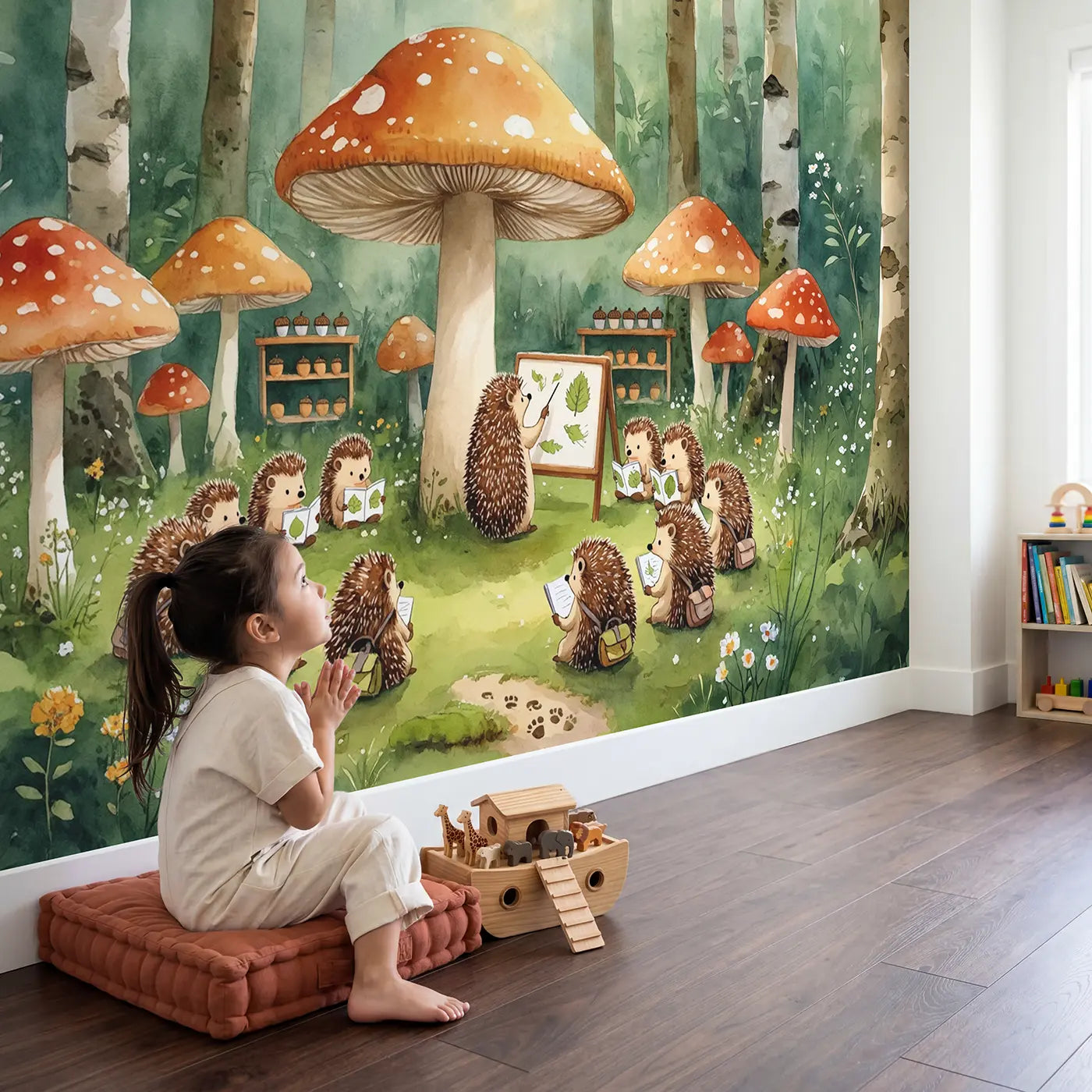 Child in nursery with Mushroom Forest Classroom Wallpaper Mural by Whimsy Tots