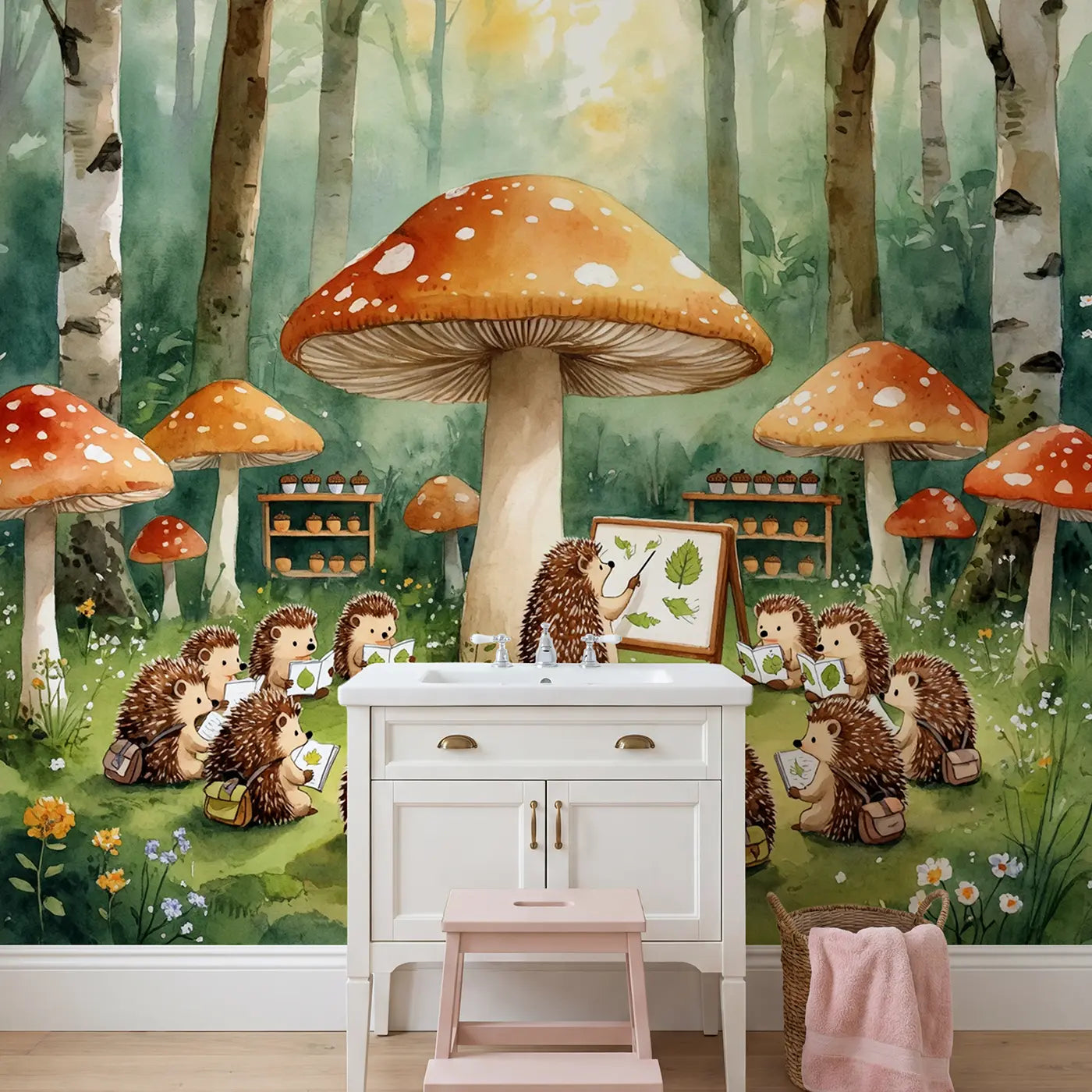 Mushroom Forest Classroom Wallpaper Mural in playroom setting by Whimsy Tots