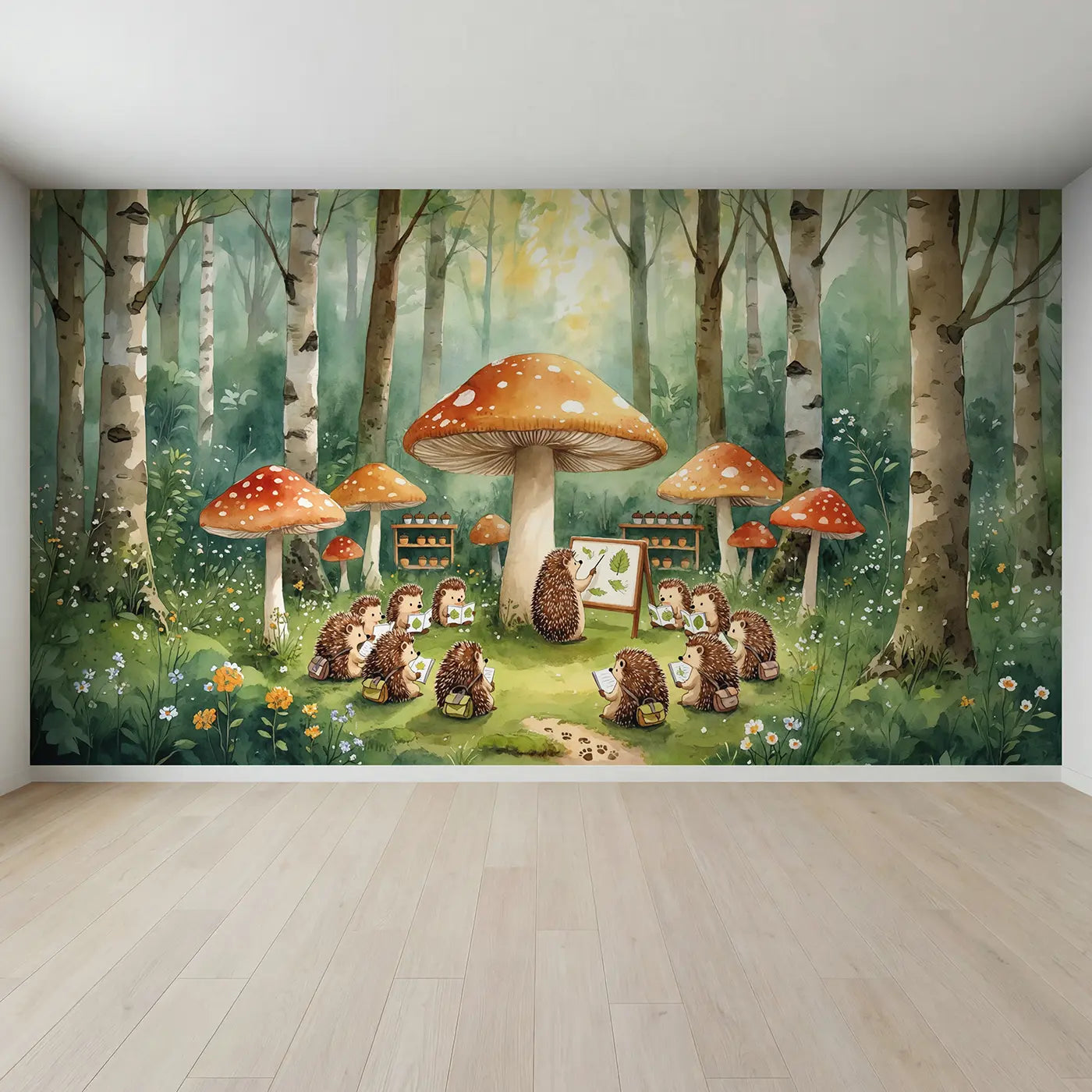 Full view of Mushroom Forest Classroom Wallpaper Mural by Whimsy Tots