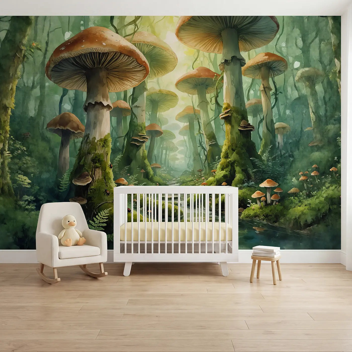 Watercolor mushroom canopy forest stream wallpaper mural for kids room by Whimsy Tots