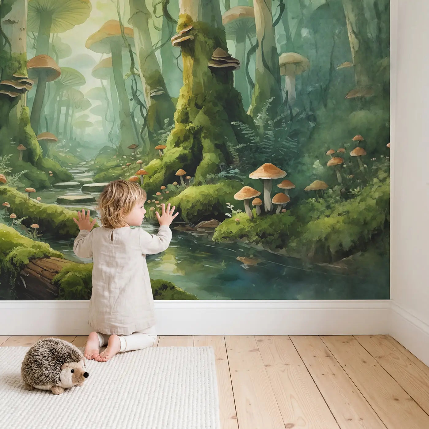 Child in nursery with Mushroom Canopy Forest Wallpaper Mural by Whimsy Tots