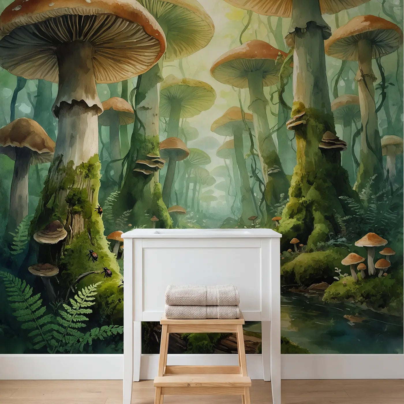 Mushroom Canopy Forest Wallpaper Mural in playroom setting by Whimsy Tots