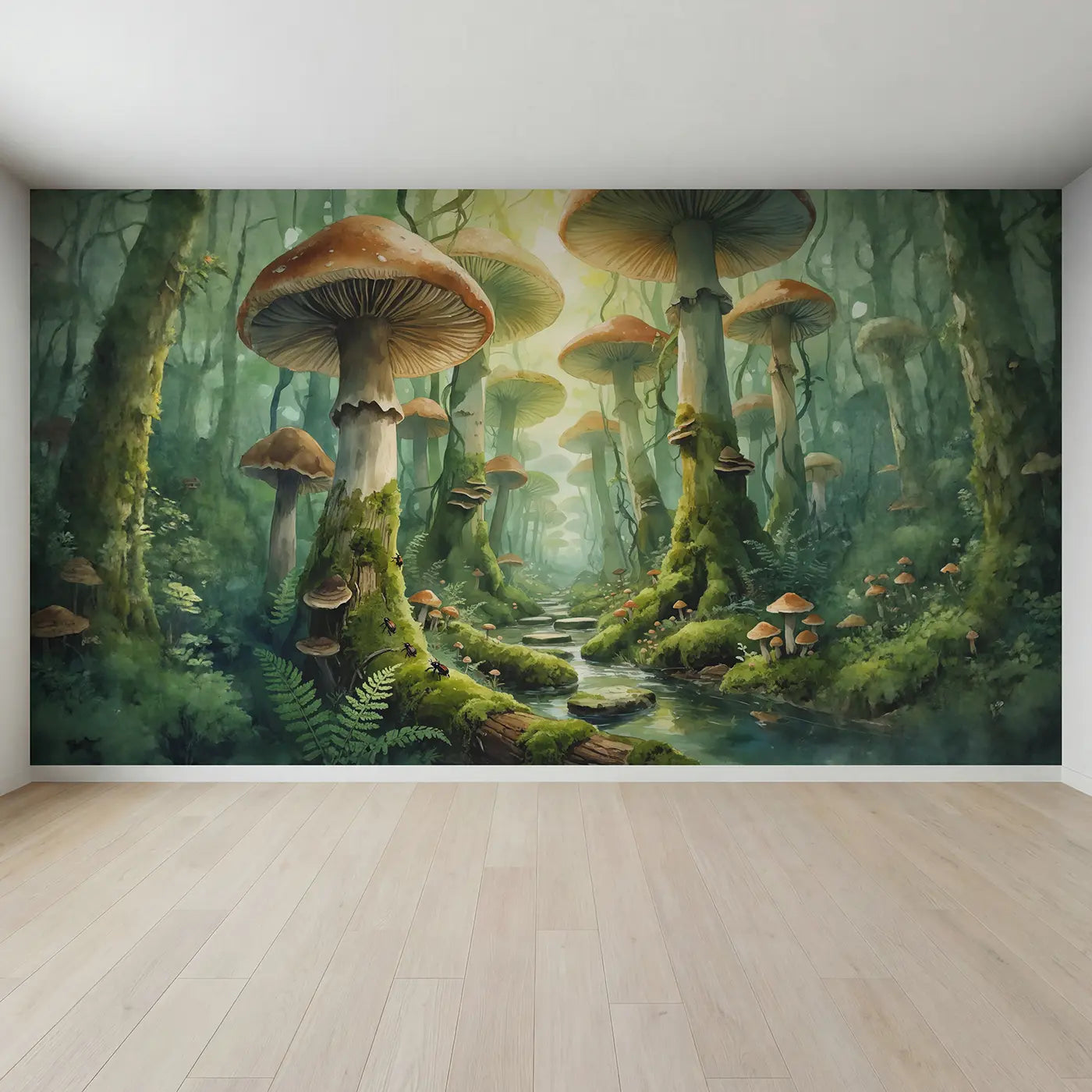 Full view of Mushroom Canopy Forest Wallpaper Mural by Whimsy Tots
