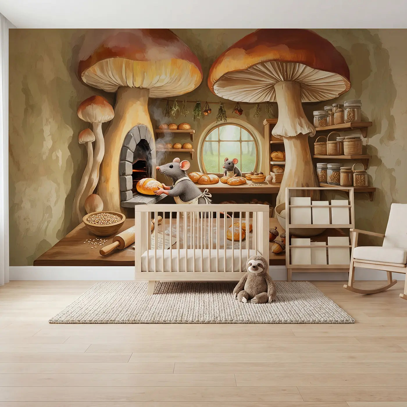 Soft pastel mouse mushroom bakery wallpaper mural for kids room by Whimsy Tots