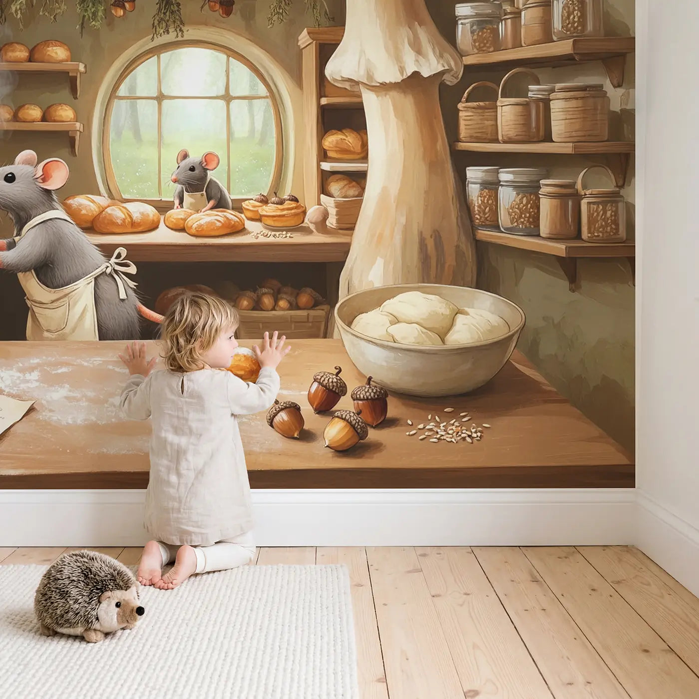 Child in nursery with Mouse Bakery Morning Wallpaper Mural by Whimsy Tots