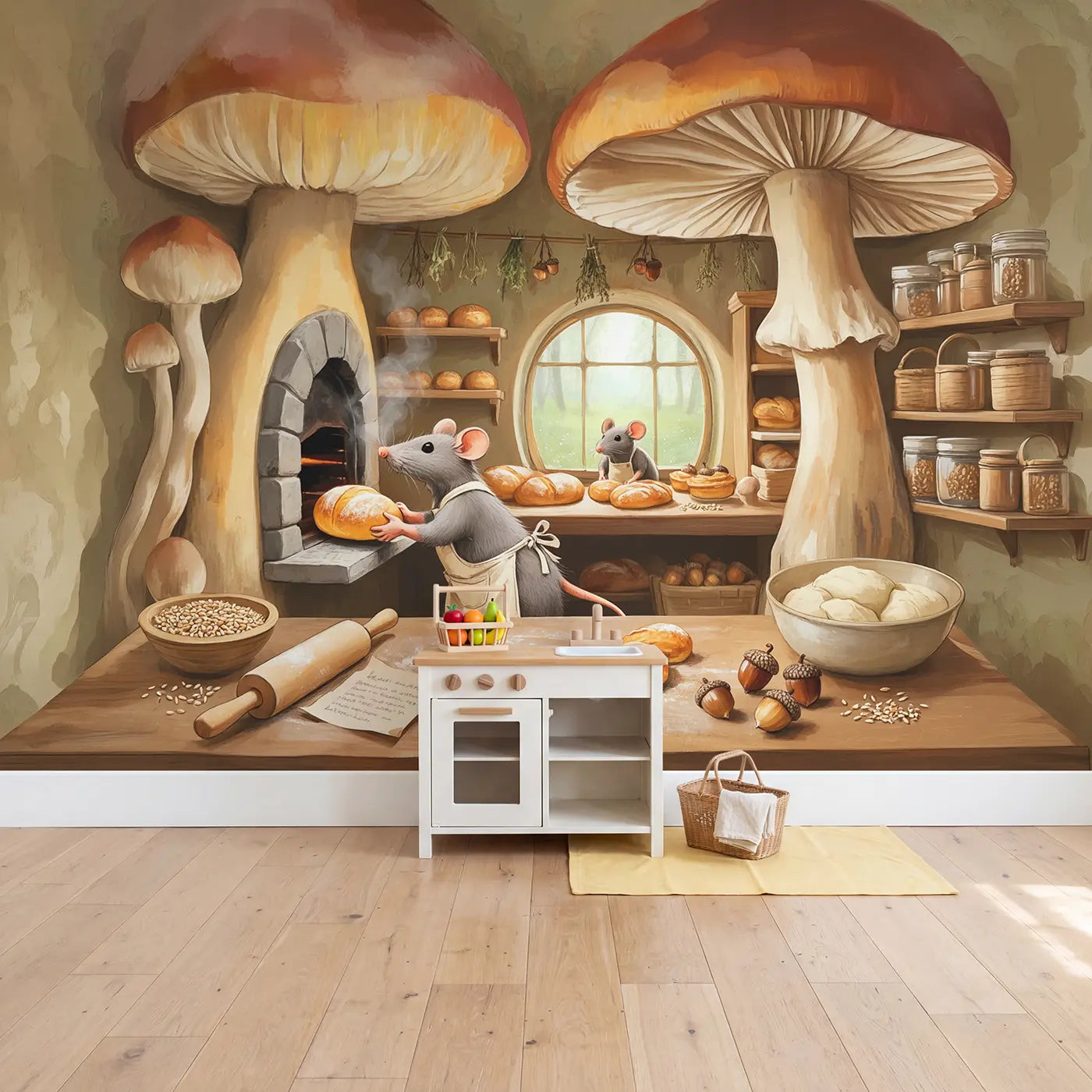 Mouse Bakery Morning Wallpaper Mural in playroom setting by Whimsy Tots